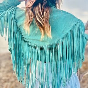 Vintage Yucatan Bay Aqua-Turquoise Cropped Leather Fringe Jacket Size L